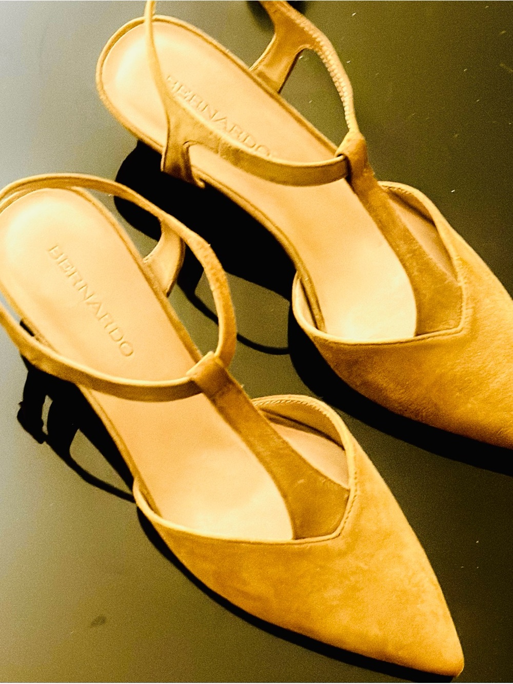 Bernardo Suede Pointed-Toe Slingback Heels in Tan